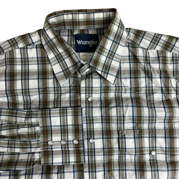 Wrangler‎ Mens Brown Green Plaid Pearl Snap Button Up Western Shirt Large - Picture 1 of 5
